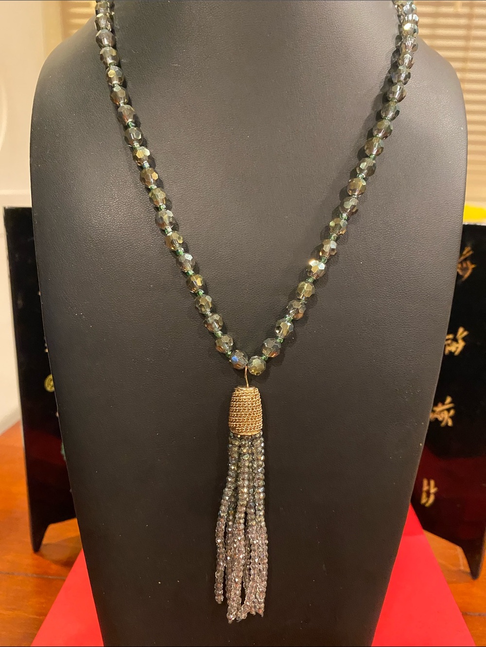 Beaded Tassel Pendant Necklace - Gold Tone & Iridescent